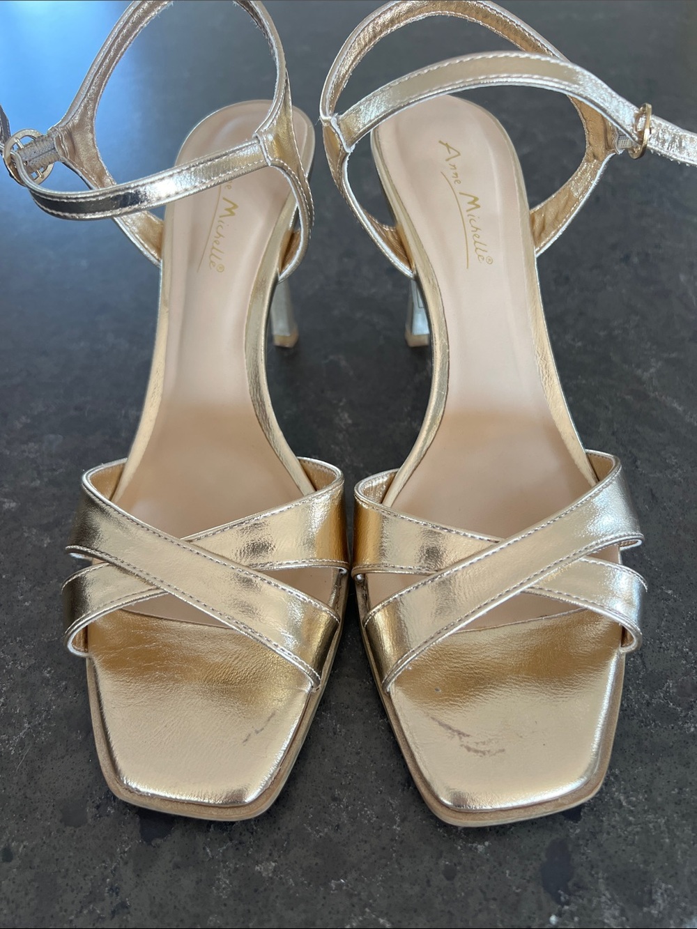 Anne Michelle Metallic Gold Strappy Block Heel Sandals